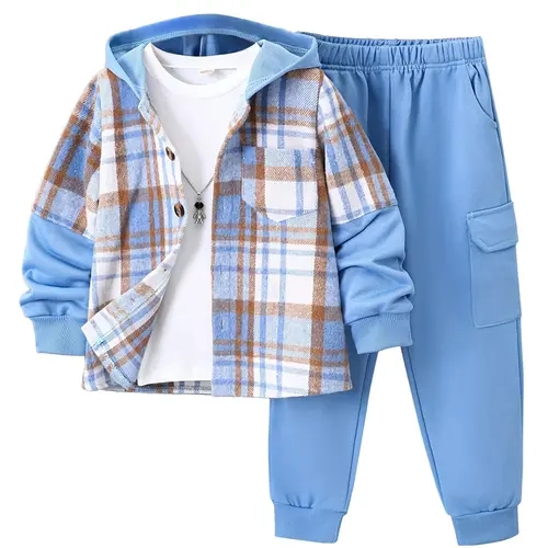 #falloutfits  2-piece children's flannel plaid shirt and pants set, boys' hoodie tracksuit for autumn, winter, and spring, suitable for ages 3-14Y Casual  Daily Comfortable