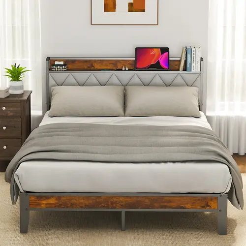 Queen Size PU Leather Upholstered & Metal Bed Frame with Wooden Storage Headboard, Full Size Compatible, Spacious Underbed Storage, Built-In USB Port, Durable Silent Structure, Tool-Free Assembly Required, No Box Spring Needed, Modern Classic Design