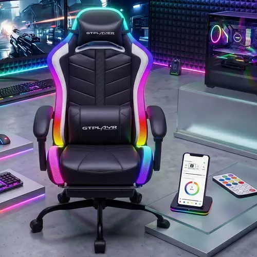 GTPLAYER Durable Classic Rolling Gamer Chair - Adjustable Height, Ergonomic High Back, RGB LED Lights with Lumbar Support, Adjustable Armrest, Cell Phone Control, Assembly Required