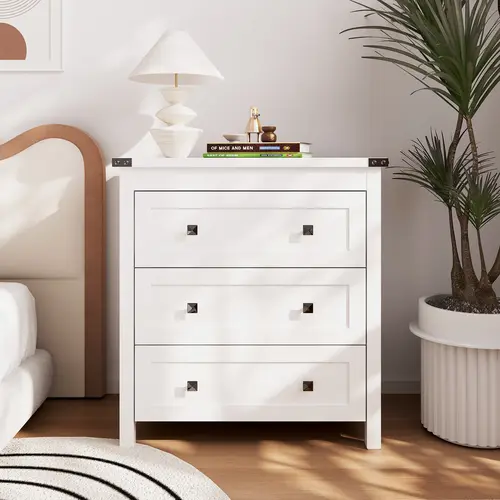 3-Drawer Bedroom Dresser - Sturdy White Industrial MDF Wood with Smooth Slide Rails, 27.55" Width, 3 Deep Drawers, Space-Saving Indoor Cupboard, Farmhouse Home Decor Nightstand