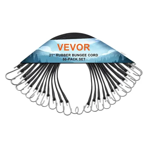 VEVOR 50-Piece Abrasion Resistant Flat Bungee Cords, 19.8mm Heavy-Duty Logistics Truck Accessories, 21" Strong Stretch Cargo Securing Straps with High Elasticity Steel S-Hooks, All Seasons Black Ropes for Home Organization
