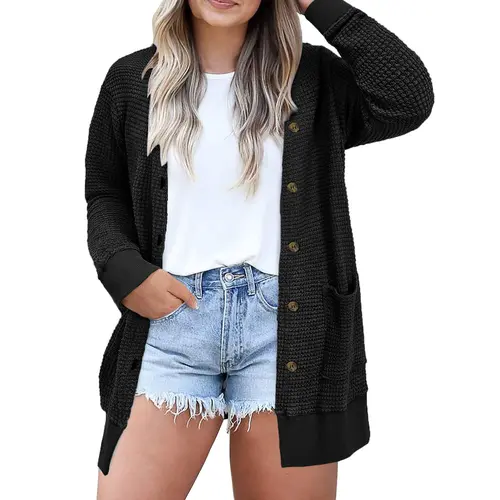 Aleumdr Lady's Plus Size Waffle Knit Cardigan - Knitwear, Longsleeves, Front Button, Baggy Oversized, Elastane, Soft Breathable Stretchy Skin-Friendly, 1X-5X Casual Loose Cardigan Sweater, Floaty Kimono Fit Cover-Up Tops for Women, Work