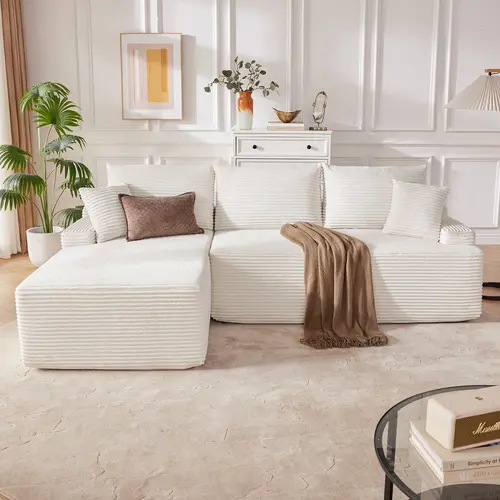 【1-2 Packages】118" U/L Shaped Boneless  Sectional Sofa bed with 2 Pillows, 6-Seater Oversized Modular Couch, Comfy Corduroy Cloud Sofa with Deep Seat, Fluffy Cozy Sofa for Living Room, No Assembly Required