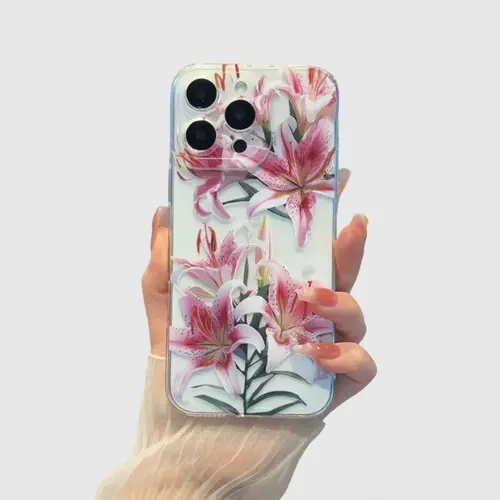 Pink Lily Pattern TPU Cellphone Casing Cover - 1.2mm, Durable, Transparent, Non-Yellowing, Slim, Shockproof, Drop-Proof, Soft Silicone Feel, Gentle in Hand, for iPhone 16/15/14 Pro Max/13/12/11/XR/XS Plus Mobile Device Protection Accessory