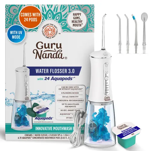 GuruNanda Advanced Dental Water Flosser 3.0 with UV Mode Water Flosser & 24 Aquapods with Mouthwash for Fresh Breath &  Plaque Removal, Compact & TSA-Approved