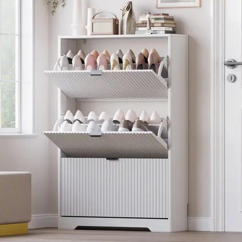 Multifunctional Shoe Cabinet - Black Fluted Rectangular Freestanding Slim Profile Engineered Wood Shoe Closet with 3 Flip Drawers, Adjustable Shelves, Hidden Organiser, Anti-tip Wall Anchor, Ventilated Back, Natural Finish for Hallway/Entrance