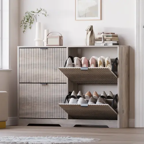 Black Modern Fluted Shoe Cabinet - 4 Flip Drawers with Adjustable Shelves, Freestanding Narrow Hidden Shoe Storage Organizer Racks, Organiser for Entryway Hallway Apartment Stuff, Small Room Storage Organization Products