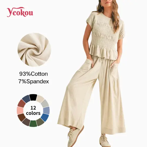 Yeokou Women’s  2-Piece Smocked Top & Wide-Leg Pants Sets–High-Waisted Lounge  Outfit with Pockets Casual Boho Matching Set,summerwins,summeroutfits,vacationoutfits,bathingsuitwomenset,beachoutfits