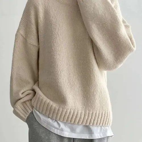 Women's Vintage Lazy Style Sweater, Autumn Winter Pure Color Soft Knit Top, Round Neck Casual Fashion Pullover, Versatile High-End Look, Knitted Pullover Jumper