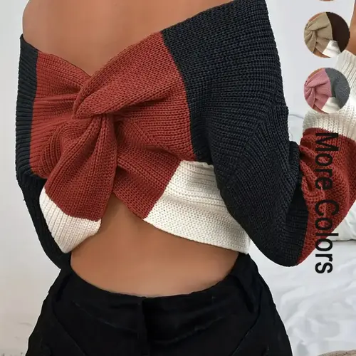 Women's Elegant Chic Colorblock Off-Shoulder Twist Back Sweater, Casual Fashion Fitted Knit Top for Spring & Fall, Knitwear for Daily Wear