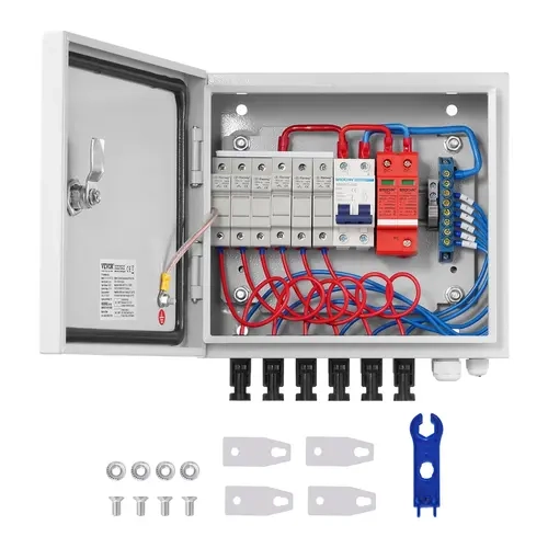 【toolupgrade】VEVOR 6-String Solar PV Combiner Box, Outdoor Steel Storm-Ready Box, 15A Fuse Protection, 125A Circuit Breaker, 24/7 Lightning Arrester, Quick Access, Standard Solar Plug, IP65, User-Friendly Install for On/Off Grid Panels