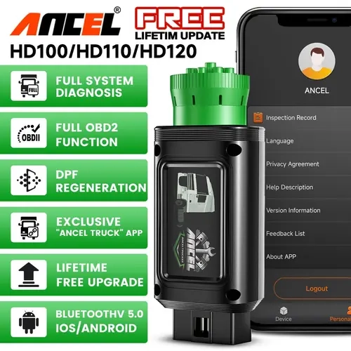 ANCEL HD100-HD120 Bluetooth Diagnostic Tester - 9-Pin Vehicle Scanner, HDOBD/OBD2 Code Reader for Heavy Trucks, All-System Scan, Plug & Play, Lifetime Free Updates, Car Computer Diagnostic Reader (9.1 oz)