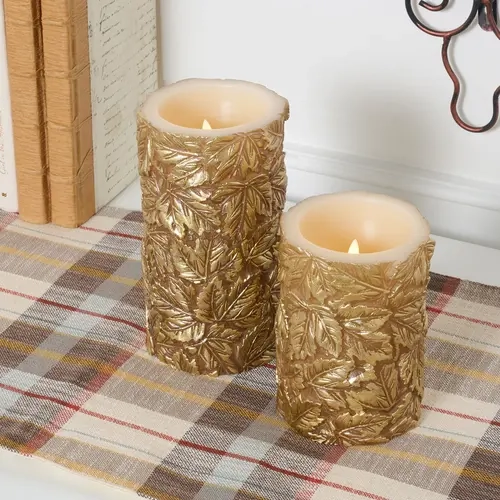 Home Reflections S/2 Flameless Metallic Leaf Pillar Candles