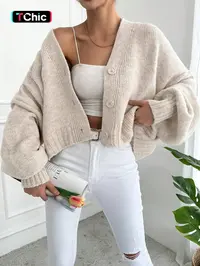 Women's V Neck Lantern Sleeve Sweater, Casual Loose-Fit Knitted Cardigan, Fall & Winter Fashion, Plain Color, One Button Design, Knitwear