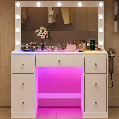 Vanity with Power Outlet and 11 Lights, Mirrored Dressing Table with 7 Drawers, Suitable for Bedrooms and Dressing Rooms, White Finish Makeup Dresser Makeup Storage Desk