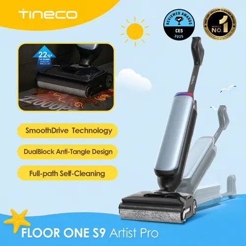 TINECO FLOOR ONE S9 Artist Pro Smart Wet Dry Vacuum & Mop, 22kPa Powerful Suction, 360° SmoothDrive, 180° Lay-Flat Design, DualBlock Anti-Tangle, 185°F FlashDry Self-Cleaning, Up to 75-Min Runtime
