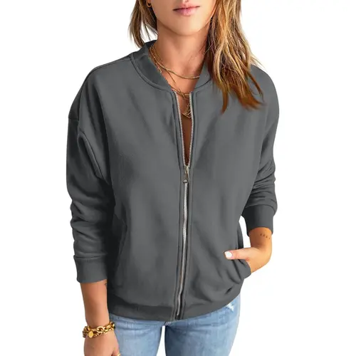 Fisoew Womens Full Zip-Up Sweatshirt Jacket Long Sleeves Casual Loose Fit Crew Neck Pockets Basic Tops Women‘s Clothes Outerwear Womenswear,summerwins,summeroutfits,vacationoutfits,beachoutfits #Summerwins #DealsForYouDays