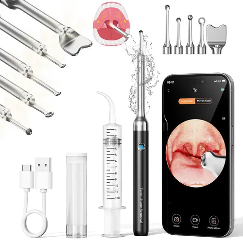 Upgraded Waterproof 5-in-1 Electronic Tonsil Stone Remover Kit with WiFi-Connected 1080P HD Camera, 6 Adjustable LEDs, Spoon, Rechargeable Battery for iOS/Android, At-Home Stone Removal & Ear Irrigation System