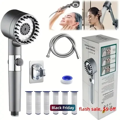 Stainless Steel Adjustable Filtered Shower System Upgrade Kit, Includes 5 Filter Set, 3 Spray Modes, Stainless Steel Panel, Universal Adapter, Christmas Gift