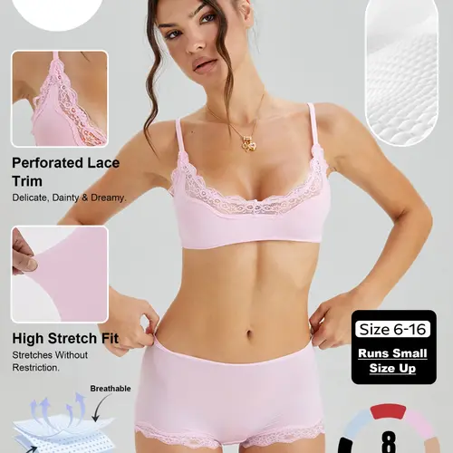 Women's Basic Minimalist Lace Trim Bra & Low Rise Panties Co-ord, Solid Color Slightly Sheer Adjustable Spaghetti Strap Bralette & Knicker, Seamless Sweat-Wicking Stretch Daily Underwear Outfits #TikTokMadeMeBuyIt #MatchingSet #Bralette