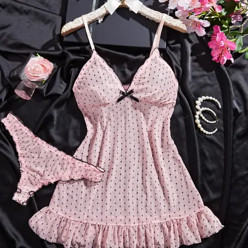 Women's Polka Dot Sheer Mesh Sleepwear Set, Elegant Ruffle Hem Bow Front Nightgown and Panty, Comfortable Breathable All-Season Pajamas, Loungewear, Aesthetic