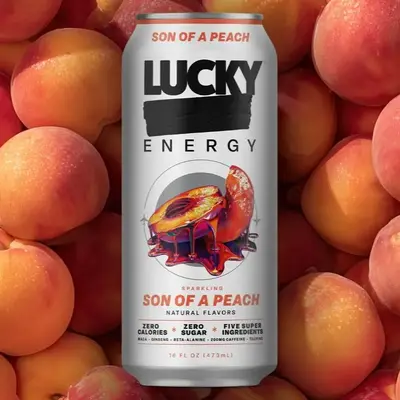 Lucky Energy - Son of a Peach - Zero Sugar Energy Drink - 16oz Cans - 200mg Caffeine with Maca Ginseng Beta Alanine & Taurine - 12-Pack - Vegan Gluten-Free