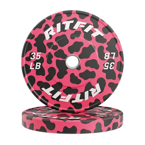 RITFIT Pink Leopard Animal Print 2in Rubber Olympic Bumper Plates - Barbell Weight Plates with 2" Center Hole, Non-Slip Grip, Enhanced Safety, Handcrafted Quality, Low Bounce, Home Gym Resistance Training Workout Weights Equipment