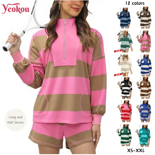 Yeokou Women's Lounge Set 2 Piece Striped Long Sleeve Quarter Zip & Short Sleeve T Shirt and Shorts for Summer & Autumn Casual Workout Tracksuit Sporty Set Stylish Activewear Yoga Outfit Set Lightweight Athletic Outfits Sweatsuit Matching Set,summerwins,s