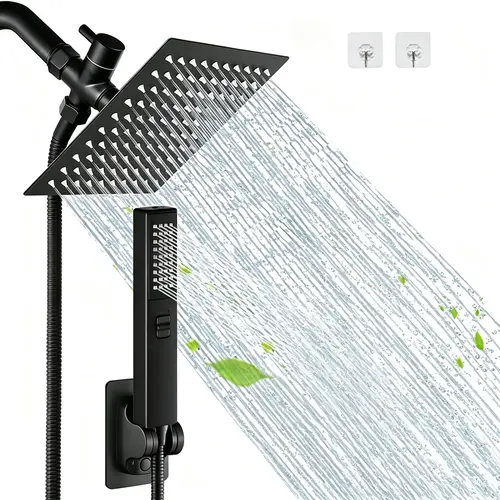 Bathroom Accessories High Pressure Shower Head Set for Summer Gift,1 Set 6/8"  Square Rain & 2-in-1 Hand Shower,Equipped with 75"Hose, 3 Way Diverter Valve,Adhesive Shower Head Holder,Wrench-free installation summervibes