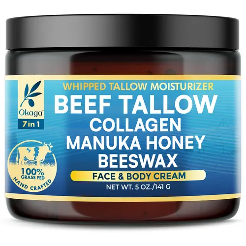 Okaga Beef Tallow (5 oz.) - Face & Body Moisturizer - Skincare Blend with Collagen, Manuka Honey, Beeswax & More - 100% Organic & Grass-Fed