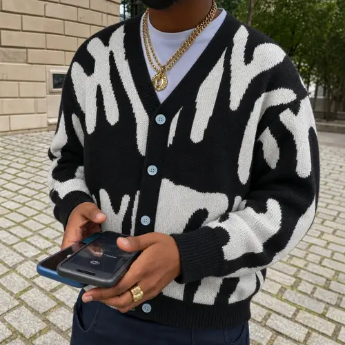 SAND SOUND Men's Oversized V-Neck Graphic Letter Jacquard Knit Cardigan - Long Sleeve Button-Down Knitwear, Loose Soft Warm Casual Top for Fall Winter Streetwear Daily Outfit