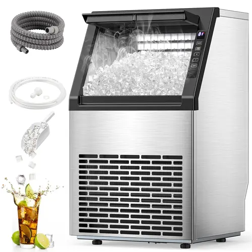 COWSAR 80lb Stainless Steel Commercial Countertop Ice Making Machine - Fully Automatic with LED Display, 24lb Ice Storage, Food-Grade PP Liner, Scoop & Draining Hose for Home Bars, Coffee Shop