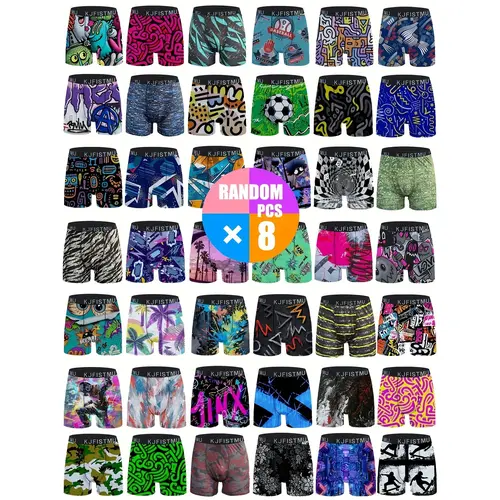 KJFISTMU Menswear Geometric Random Graffiti Printed Underwear Boxers - 8 Packs Stretch Boxer Shorts, Breathable Elastic Mesh, Lightweight Absorbent, Mixed Color Casual Sports Black Underwear