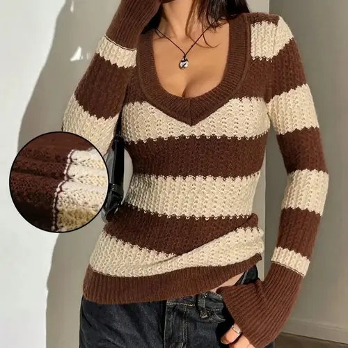 Women's Striped Knit Pullover Sweater, Knitted Top, Knitwear, Elegant Fashion V Neck Jumper, Slim-Fitting Thin Fabric, Perfect for Spring & Fall Daily Wear