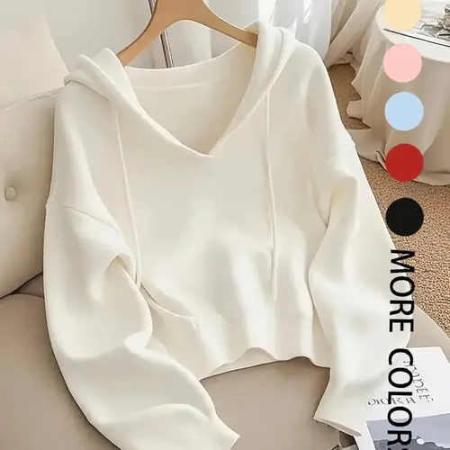 Women's V-Neck Adjustable Drawstring Hoodie, Loose Fit Soft Knit Pullover, Casual Unique Design Long Sleeve Sweatshirt for Early Autumn Knitwear, Knitwear For Fall, Tops, Womenswear