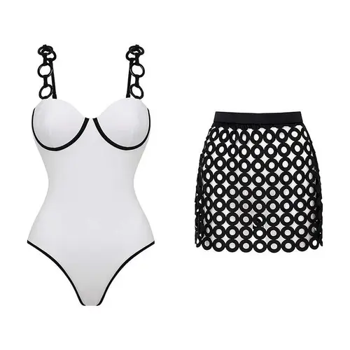 FLAXMAKER Women's Ring Strap Push Up White Black Color Block One Piece Swimsuit and Matching Mini Skirt Set Bathing Suit Stylish Beachwear #Summervibes outdoorfun #SwimWeek