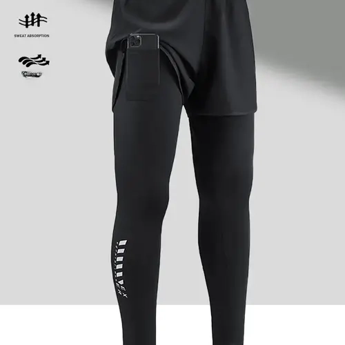 Men's Tight High-Elastic Quick-Dry Compressive Yoga Pants - 1-Piece Mock 2-Piece Design, Drawstring Waist, Double-Layered Fabric, Phone Pocket, for Gym, Running