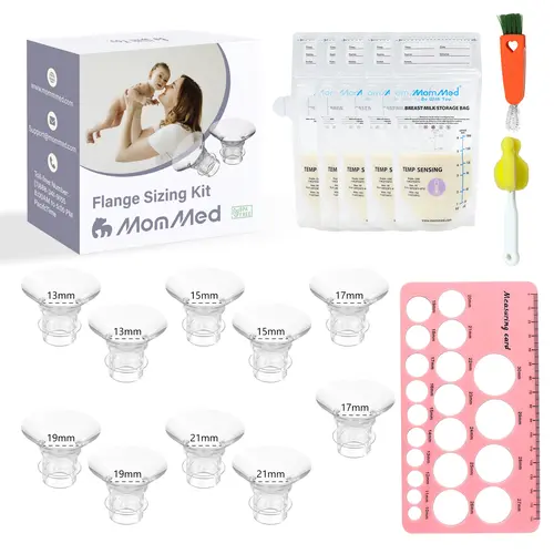MomMed 5-in-1 Flange Sizing Kit for 24mm Breast Pumps - 10-Piece Breastfeeding & Pump Accessories, 2 Size Sets, 14mm Inserts, 1 Nipple Measurement Ruler, Multi-Use Cleaning Tool, 5 Storage Bags, Universal Compatibility, 100% Safe for Both Mom and Baby gif
