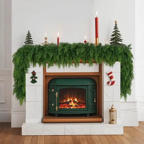 2-Piece 6 FT Durable Plastic Artificial Cedar Garland Set - Real Touch Gradient Green Nature-Infused Art Deco Cypress Greenery, Decoration for Indoor/Outdoor Christmas Table, Mantel & Outdoor Christmas Decor
