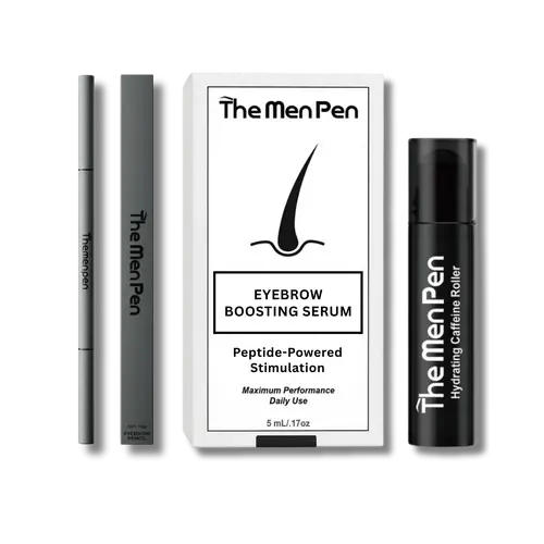 Men's Eyebrow Boosting Peptide Hair Care Kit - Caffeine Roller, Serum, Pen, Wax, Eye Patches with Ginseng, Hyaluronic Acid, Butylene Glycol - 5 Shades, Daily Use, All-Skin-Types, Hydrating, All-Day Hold, Tidy Brows, Gym-Ready, Brightens Under-Eye Circles