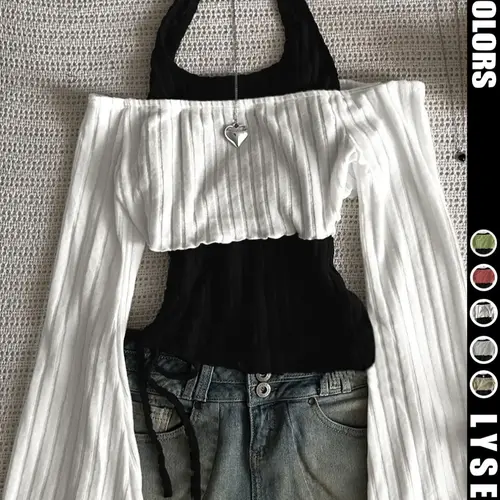 【Black Friday】Women's Solid Color 2-Piece Set, Casual Fashion Halter Neck Top & Off Shoulder Top, Womenswear