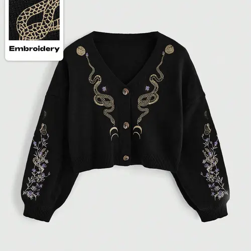 Women's V Neck Gothic Plant Snake Embroidery Sweater, Casual Loose-Fit Short Knitted Cardigan Sweaters, All Seasons Moderate Fabric