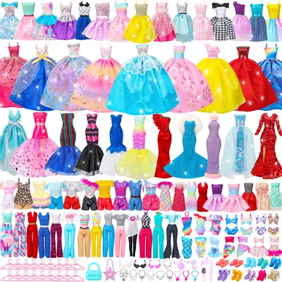 110 Pcs Doll Clothes and Accessories,4 Wedding Gowns 2 Evening Dresses 8 Fashion Dresses 6 Set Casual Outfit Top and Pant 2 Swimsuit,18 Hanger 10 Shoe 20 Accessories Toys for Girls Kid Gift Birthday and Valentines Gift