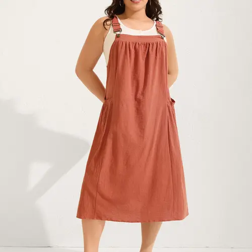 BLOOMCHIC Women's Plus Size Cotton Pinafore Overall Dress - Sleeveless, Basic Fabric, Sleeveless Cotton Midi Overall Dress, Flowy Relaxed Fit Boho Casual Summer Outfit,M-6X Spotlight,Summer wins,Deals for you days,vacationoutfits,beachoutfits