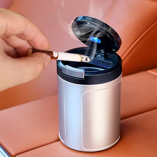 Detachable Stainless Steel Car Ashtray with Lid, LED Auto Blue Light Lighting, Smellproof Design, Cup Holder Compatible for Cars, Modern Home Decor (Orange/Gunmetal/Black)