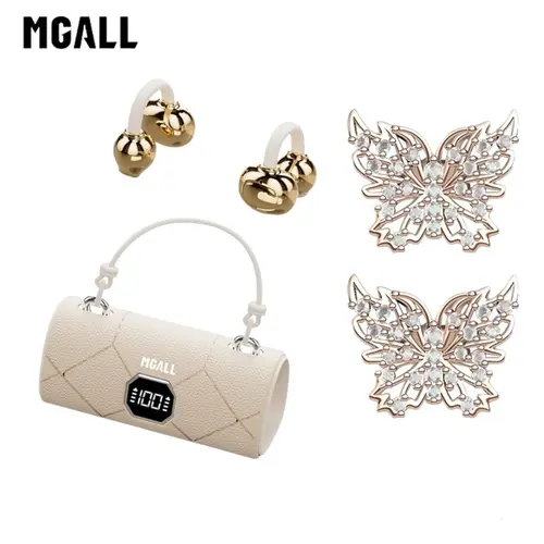 MGALL X22 Open-Ear Clip-Hook Wireless Bluetooth Headphones - Light-Luxury Leather Handbag-Style Audio Device, 2025 Bluetooth 6.0, LED Display, HiFi 20kHz Sound, Seamless Audio, Comfortable Fit, Sport-Ready, Perfect Gift for Girls, Laptop Compatible