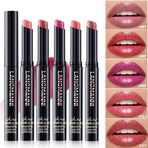 5 Color Pearl Glitter Lipstick Set Metallic Shine Long Lasting Makeup Non Stick To Cup Moisturizing Lip Tint Smooth Easy To Apply Lip Glossy Cosmetic