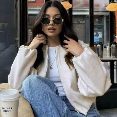 Women's Soft Solid Color Bomber Jacket, Long Sleeve Pocket Zipper Outerwear for Fall & Winter, Casual Fashion Top for Women