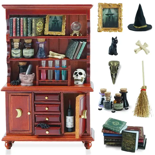 BEIREG Handcrafted 1/12 Scale Wood Bookshelf Dollhouse Playset, 6+ Unisex Kids Toy with 1 Skull, Spider Scene, Magic Bottle Potion, Luminous Pearl Glow, Halloween Decor, Whimsical Gifts, Unique Cool Gifts, Miniature Things