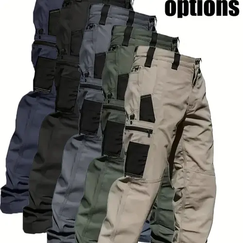 HOMUG Menswear Plain Tactical Cargo Trouser - Men's Polyester Waterproof Casual Fitted Pants, Zipper Closure, No Waistband, Regular Fit, Multi-Pocket, Durable All-Season Outdoor Training (Size Up for a L; Check Size Chart Before Ordering)